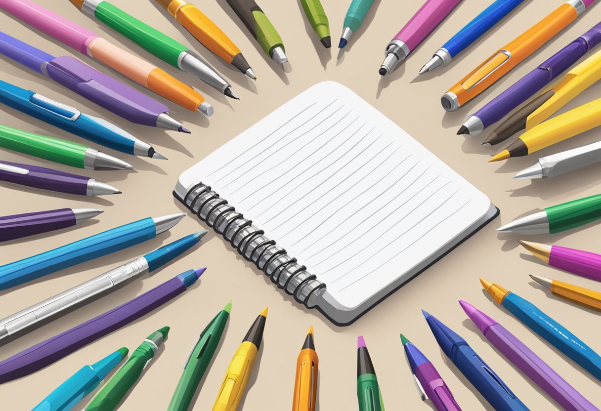 A table covered in customised pens with "Frequently Asked Questions" printed on them. Pens are in various colors and designs
