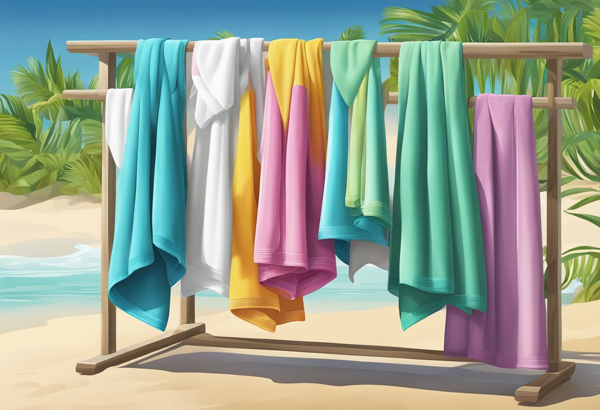 Vibrant customised towels hanging on a beach rack