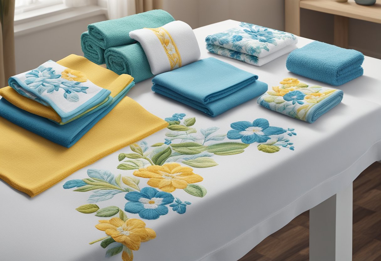 A table with various towels being personalized through embroidery and printing techniques