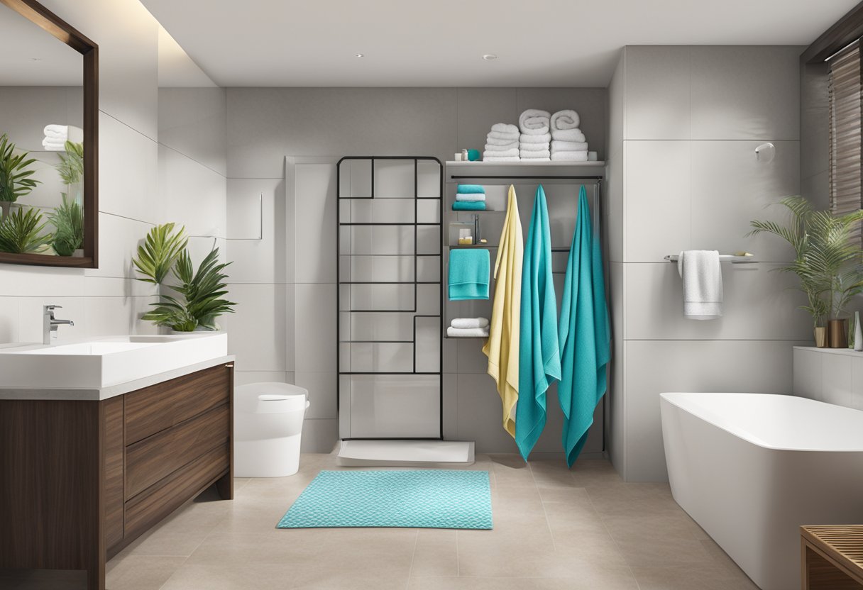 A variety of customised towels displayed in a bathroom setting, showcasing different sizes, colors, and uses for beach, bath, and sports