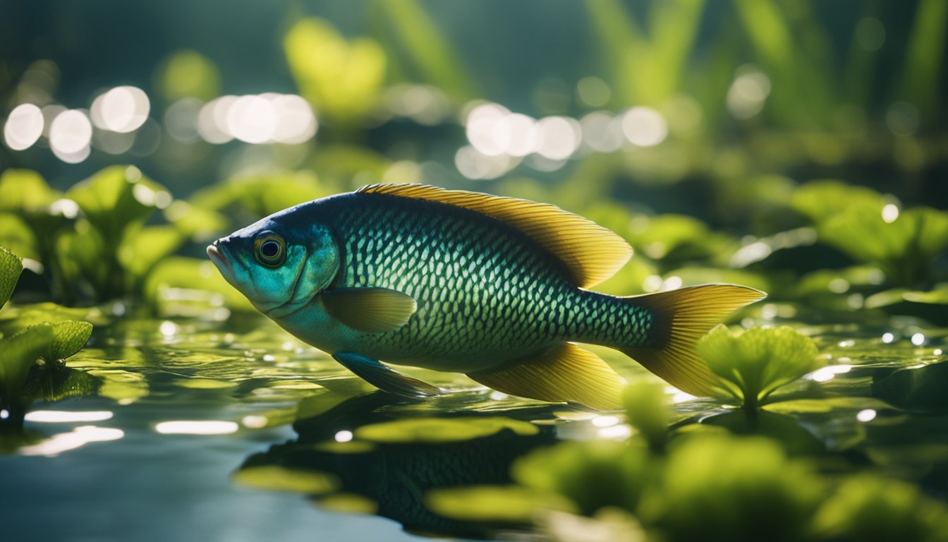 A mrigal fish swims gracefully in a clear Telugu river, surrounded by vibrant aquatic plants and shimmering sunlight