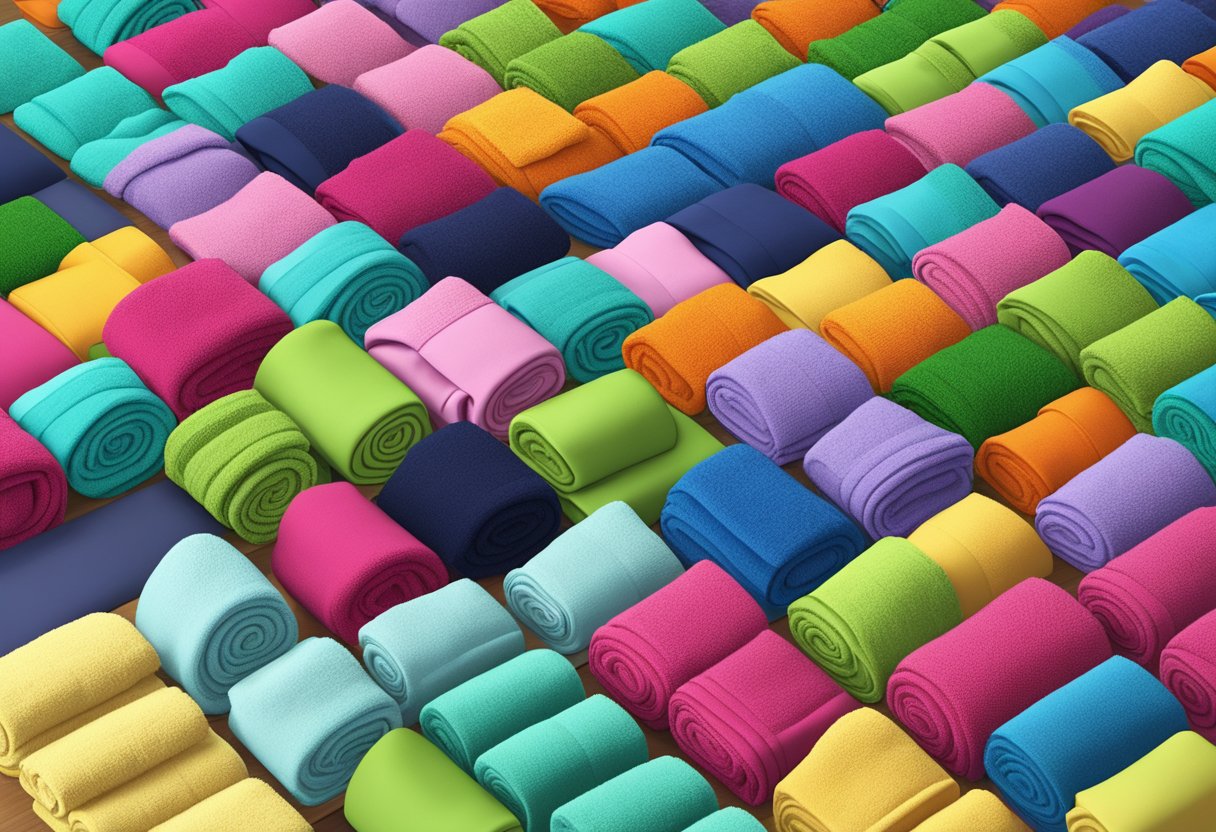Colorful towels arranged in a neat display with a sign reading "Frequently Asked Questions customised towels" above them