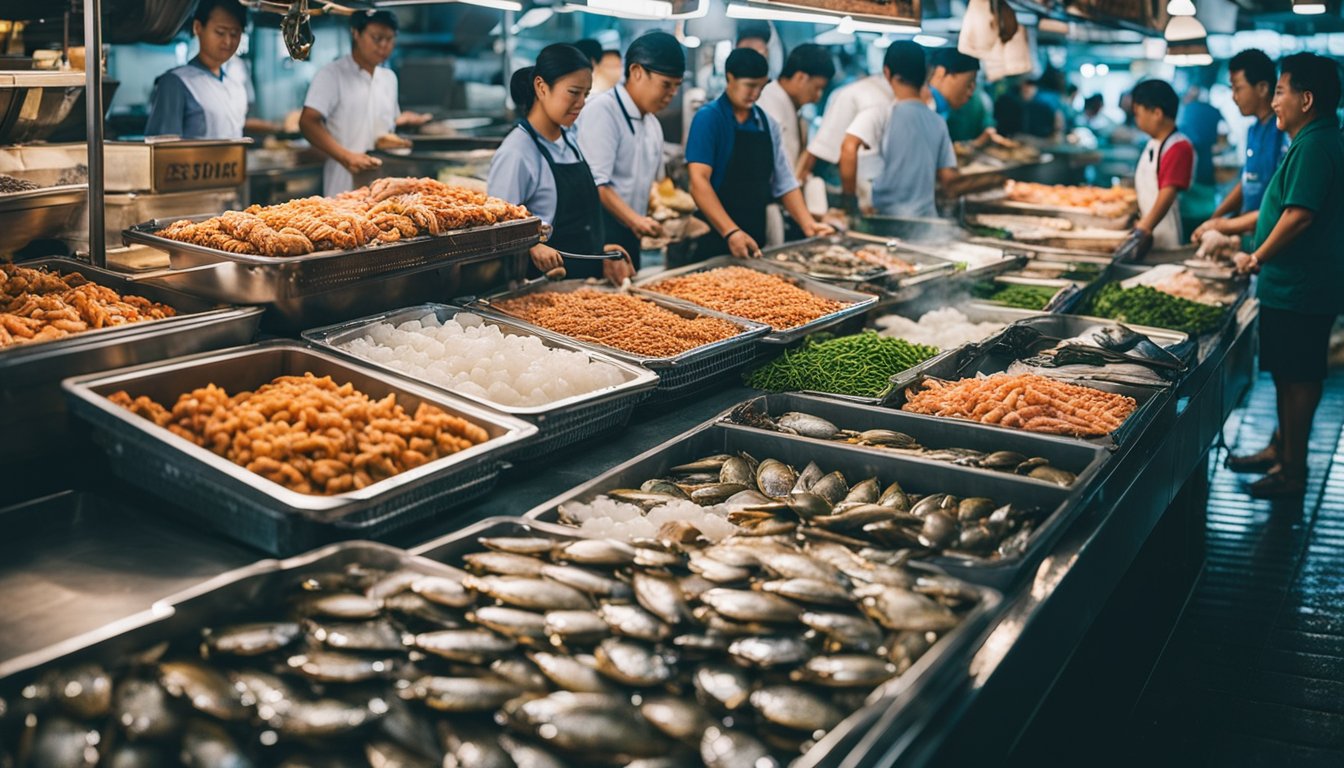A bustling seafood market in Singapore showcases a colorful array of fresh fish, crabs, and mussels. Vendors proudly display their catches on ice, while customers eagerly inspect the diverse selection