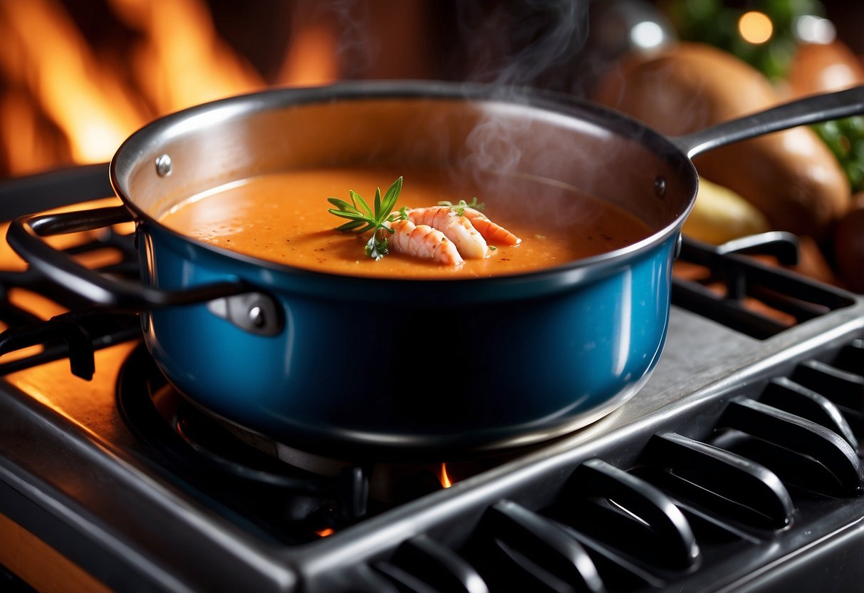 A pot simmers on the stove, filled with rich, creamy lobster bisque. Steam rises, carrying the aroma of seafood and spices. A wooden spoon rests on the edge, ready for a taste test