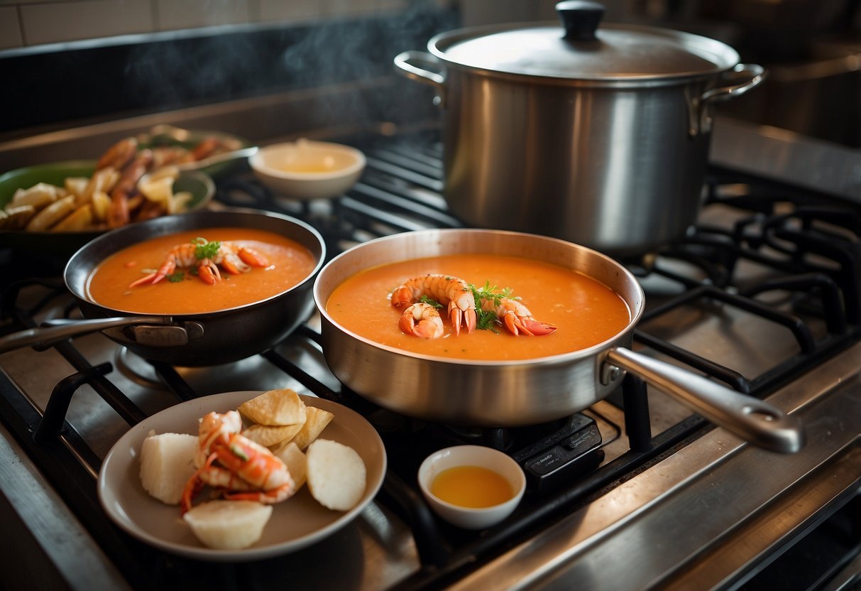 A steaming pot of lobster bisque sits on a stove, surrounded by fresh lobster shells, a ladle, and a bowl of creamy soup