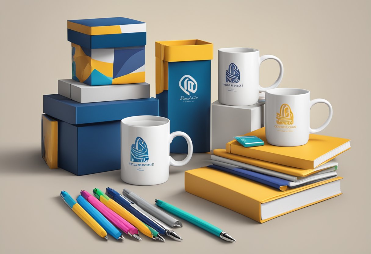 A table adorned with personalized pens, mugs, and notebooks. Logo-branded gift boxes stacked neatly in the background