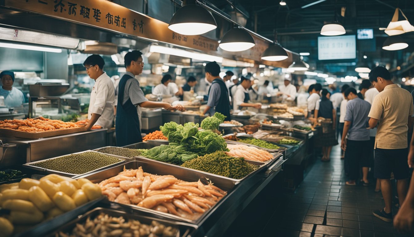 A bustling seafood market in Singapore, with vendors showcasing an array of fresh catches and local delicacies, while customers sample exotic culinary creations