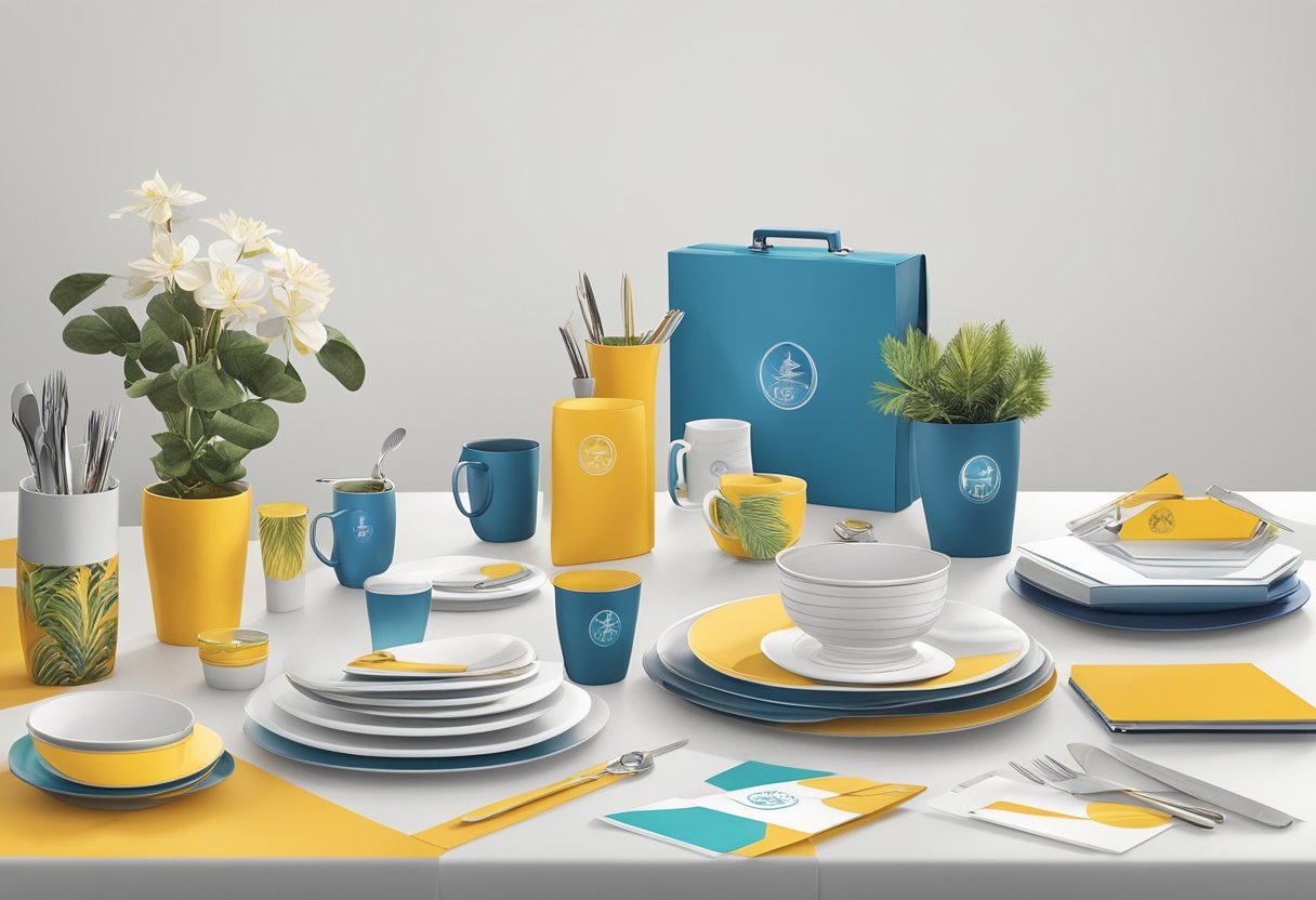 A table displays a variety of high-quality custom corporate gifts, including branded items and personalized accessories