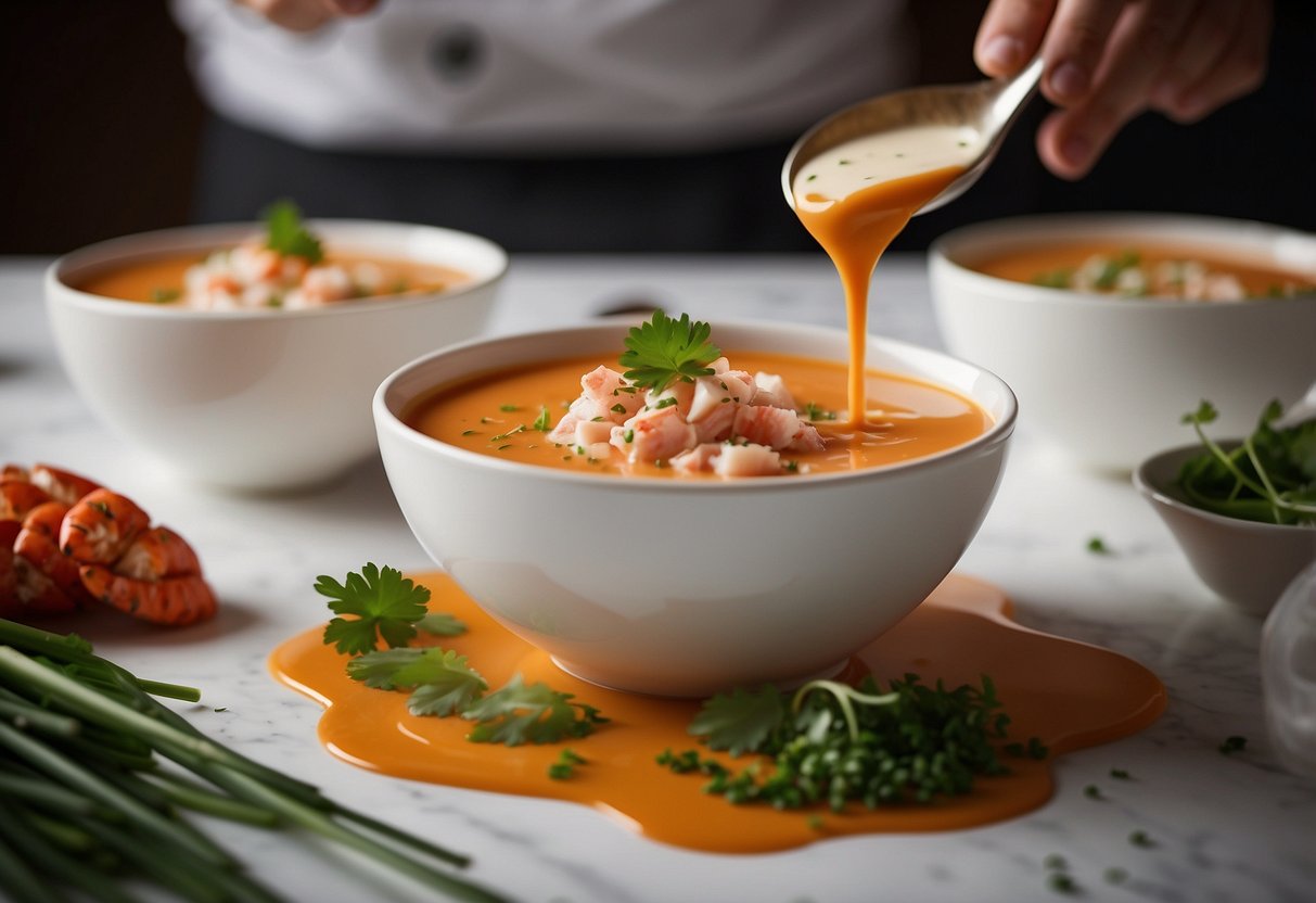 A chef pours rich, creamy lobster bisque into elegant bowls, garnishing with a sprinkle of chopped chives and a drizzle of decadent truffle oil