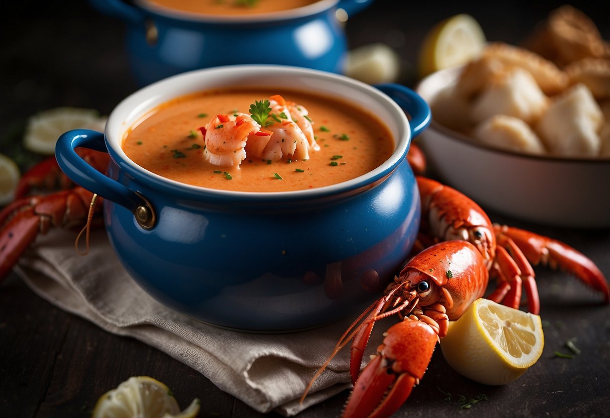 A steaming pot of Morton's lobster bisque surrounded by fresh lobster shells and a sprinkle of paprika on top