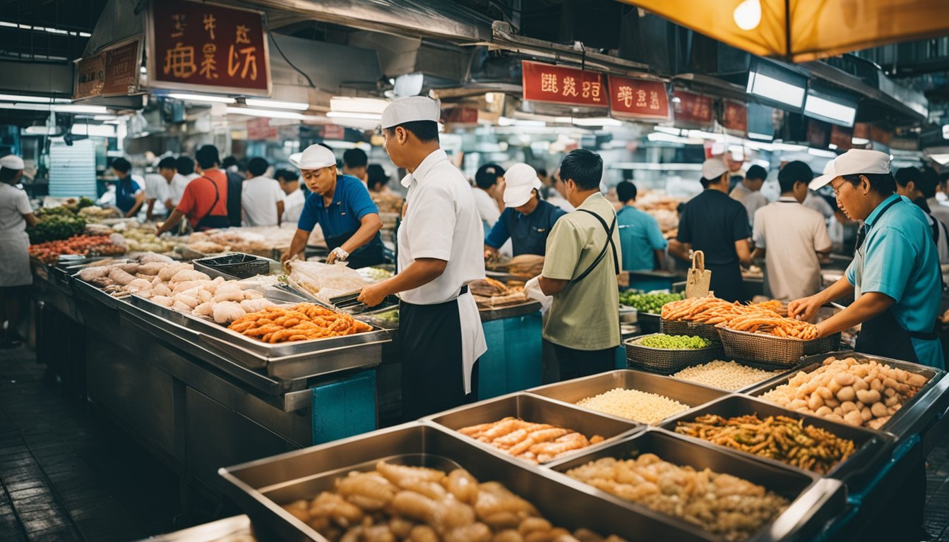 A bustling seafood market in Singapore, with vendors answering frequently asked questions from customers