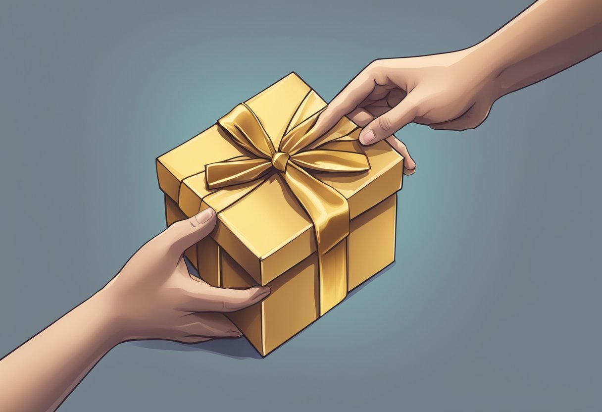 A hand reaches out to give a beautifully wrapped gift box to another hand, symbolizing the act of enhancing business relationships through gifting