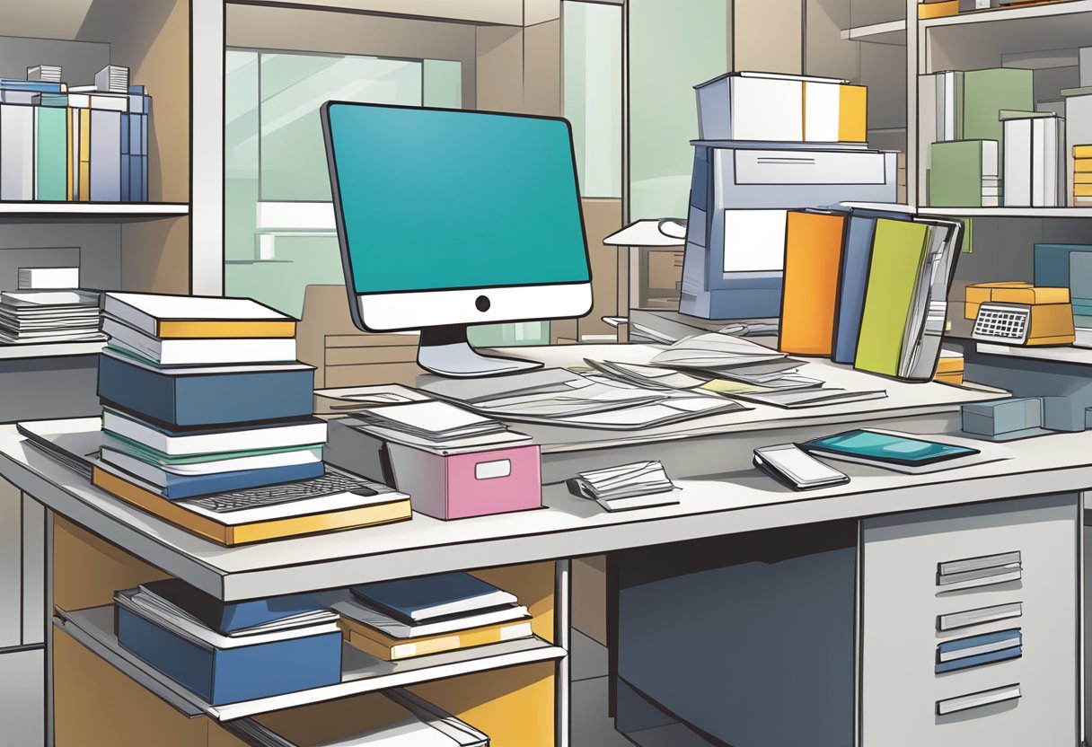 A busy office desk with a computer, phone, and stack of gift catalogs. Logo-branded items displayed on shelves