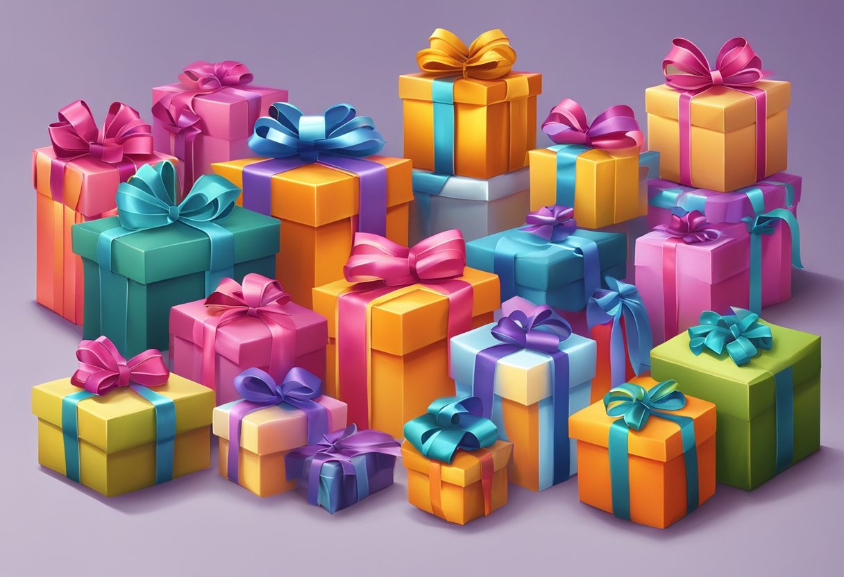 A colorful array of wrapped door gifts arranged on a table, with ribbons and bows adding a festive touch