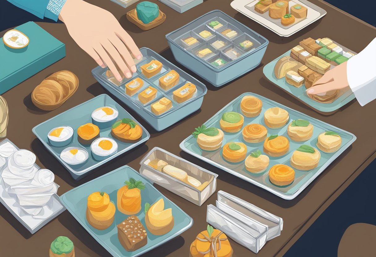 A hand reaches out to choose from an array of door gifts on a table
