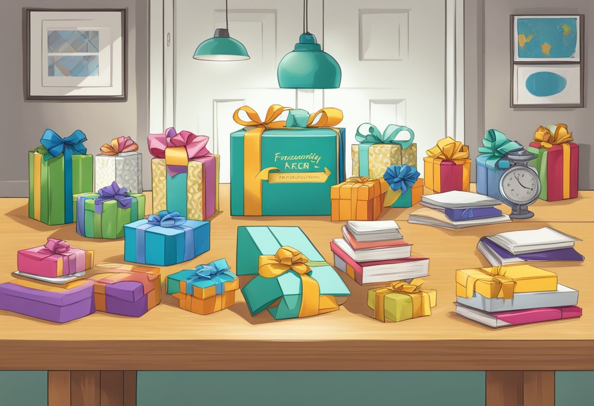 A table with various gift items, a sign reading "Frequently Asked Questions door gift" above