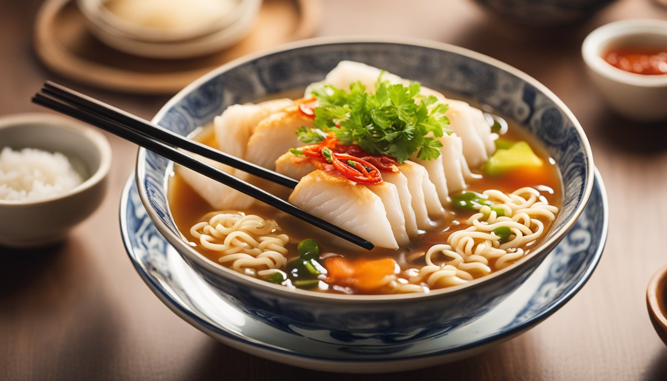 A steaming bowl of ramen with a naruto fish cake floating on top, surrounded by chopsticks and a small dish of hot chili oil