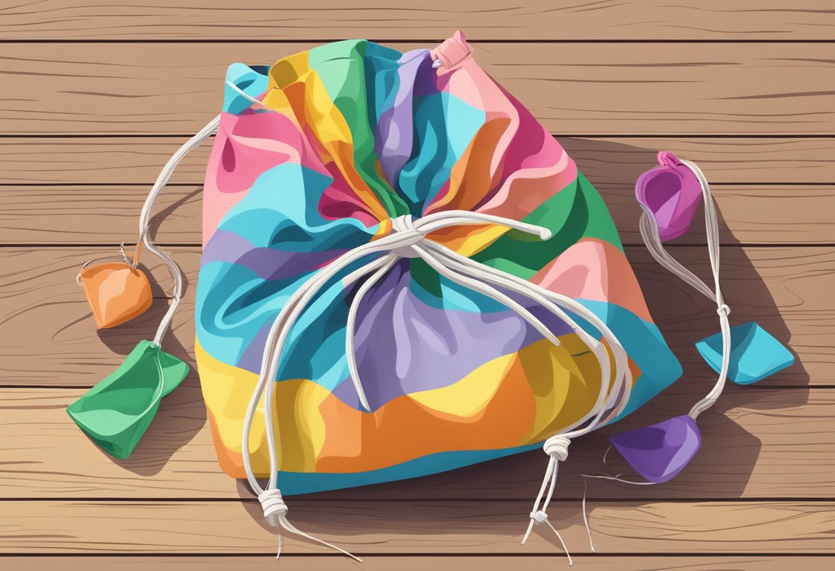 A drawstring cotton bag lies open on a wooden table, spilling out colorful items