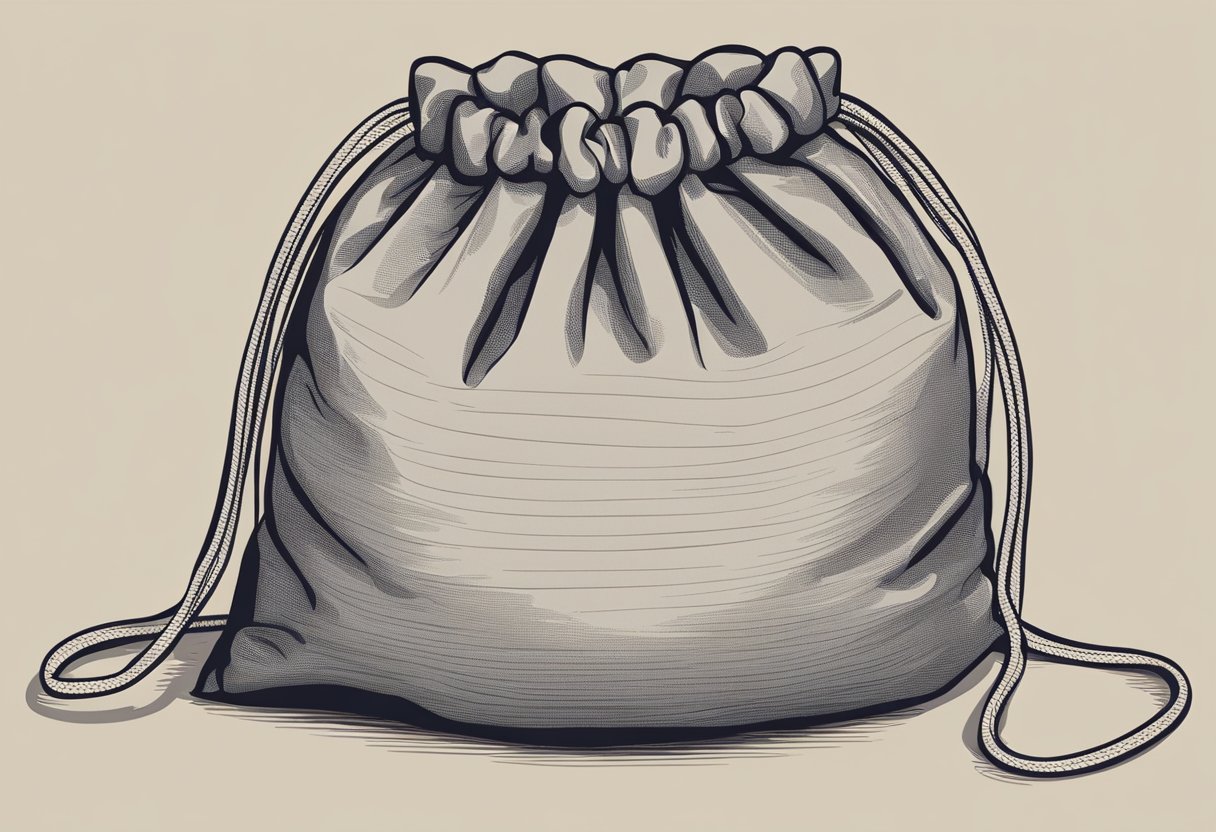 A drawstring cotton bag lies flat on a wooden surface, with its open top and drawstrings visible. The bag is plain and unadorned, with a simple and practical design