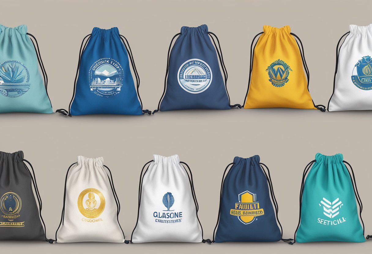 A drawstring cotton bag being customized with branding logos and designs