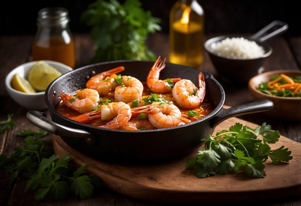A sizzling skillet holds plump Mozambican prawns, marinated in a zesty nacional sauce, garnished with fresh herbs and served with a side of rice