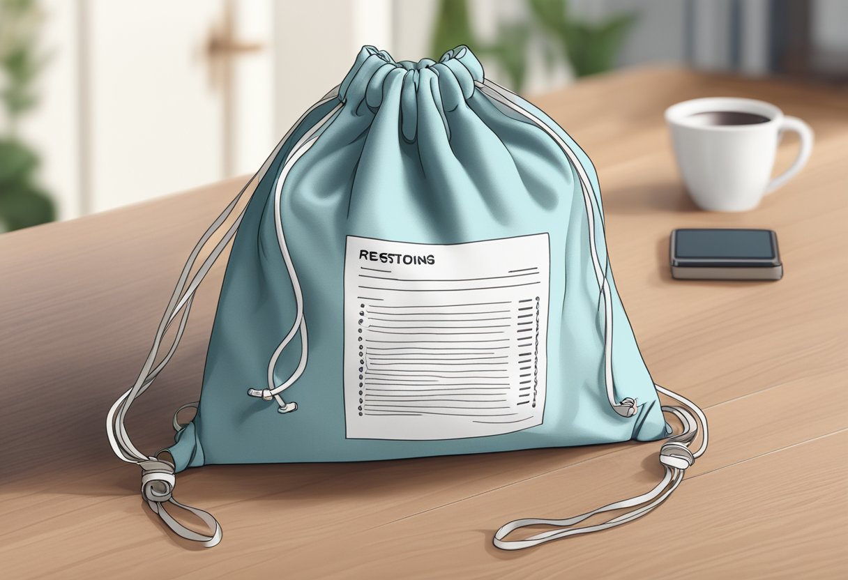 A drawstring cotton bag sits on a table with a list of frequently asked questions printed on it