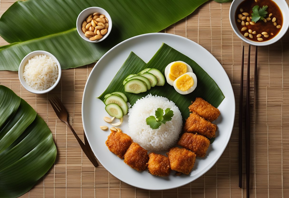 A plate of nasi lemak with fragrant coconut rice, crispy fish, sambal, cucumber, and peanuts, surrounded by banana leaves on a wooden table