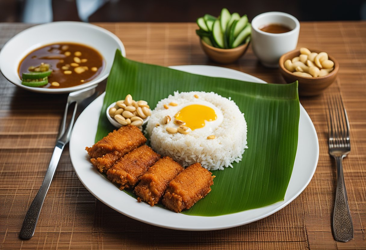 A plate of nasi lemak with fish, sambal, cucumber, and peanuts, served on a banana leaf, accompanied by a cup of teh tarik