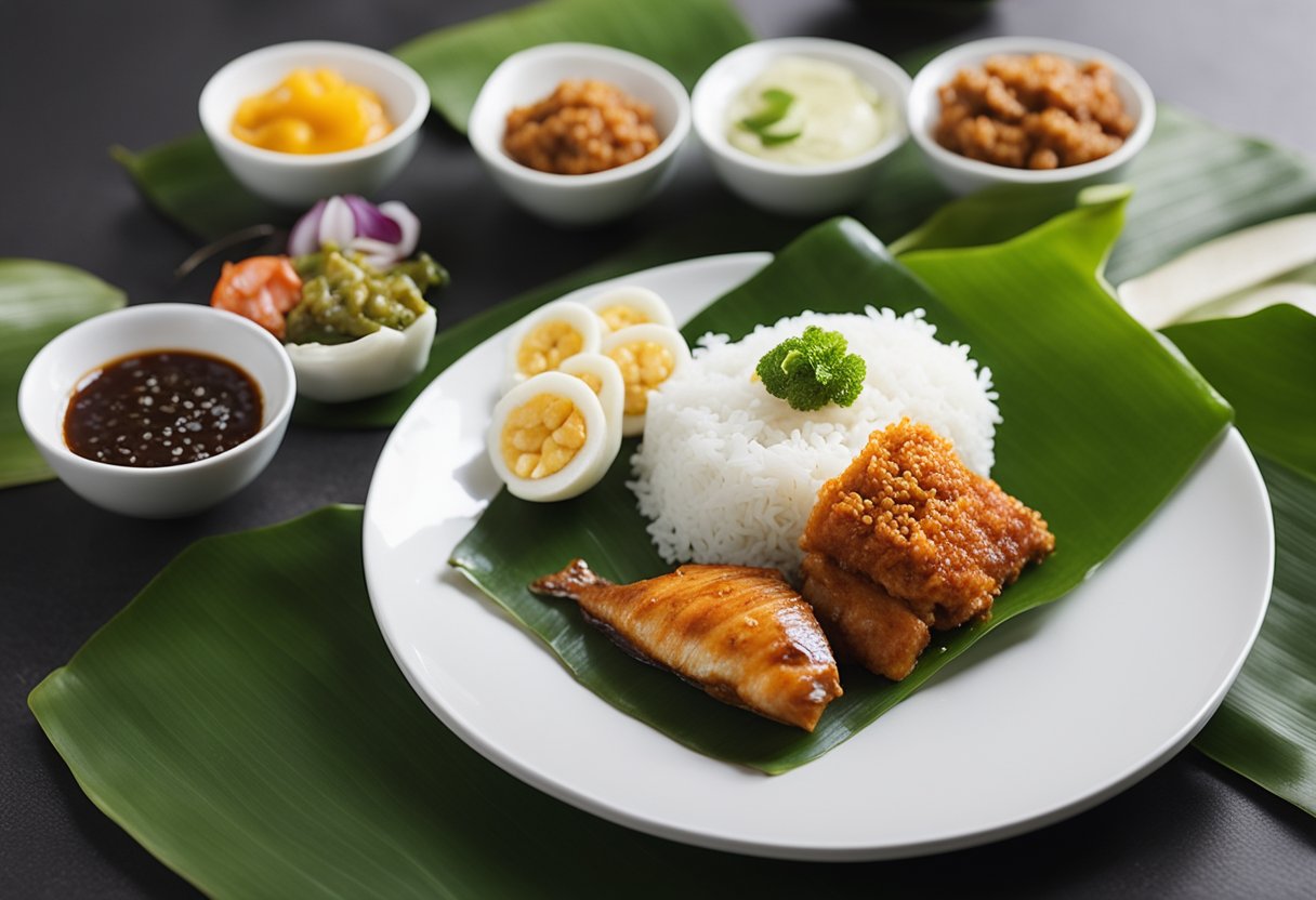 A plate of nasi lemak topped with a generous portion of fish, accompanied by traditional condiments and wrapped in banana leaf