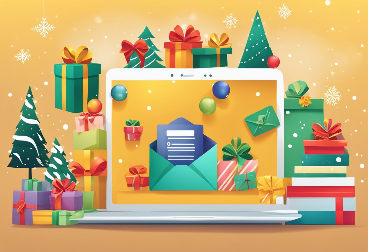 An email with a festive holiday theme, featuring a gift card and corporate branding, surrounded by cheerful decorations and a warm, inviting atmosphere