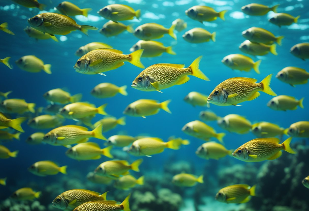 A school of nethili fish swimming together in the clear blue ocean water