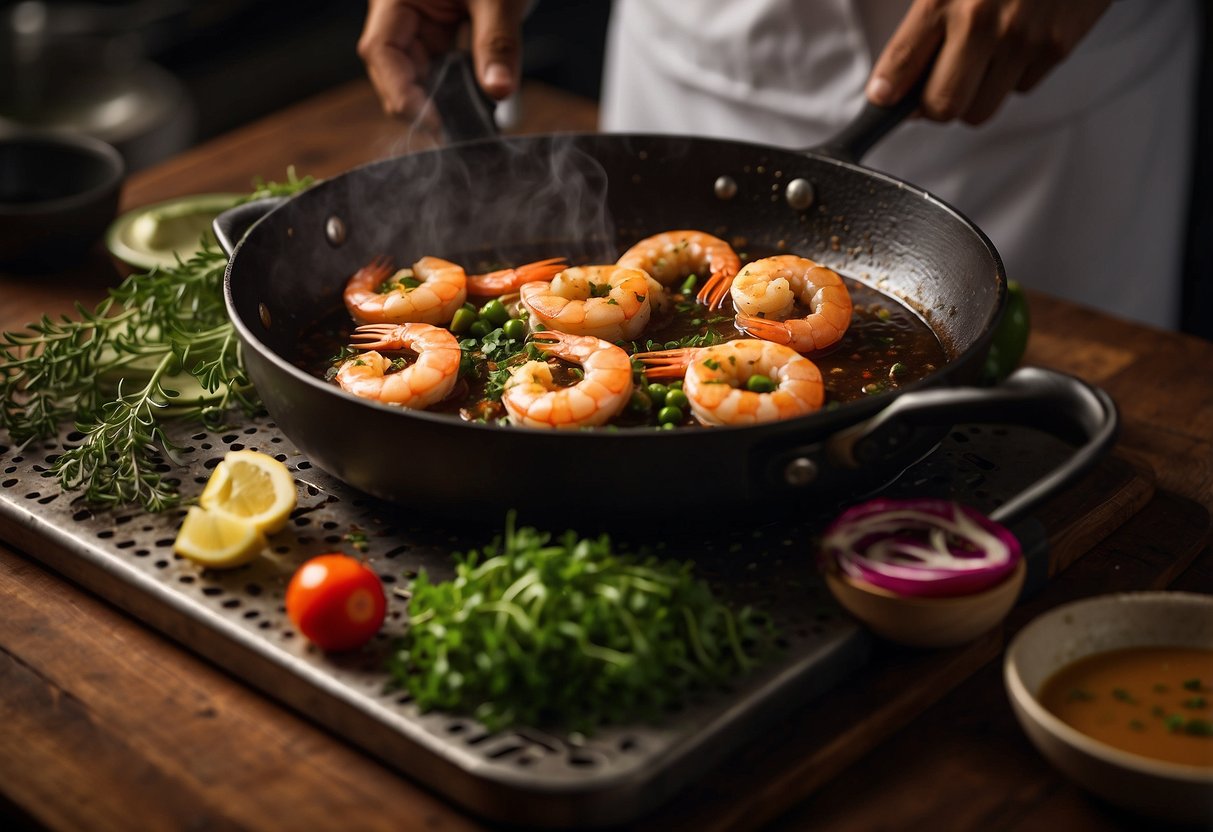 A sizzling skillet holds succulent Mozambican prawns in a rich, flavorful sauce, with vibrant spices and fresh herbs scattered around. A chef's hat and apron sit nearby, hinting at the delicious recipe being prepared