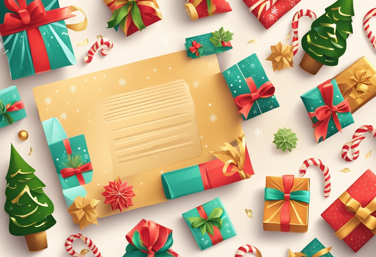 A festive email with a holiday gift card design and corporate branding, surrounded by cheerful holiday decorations and a warm, inviting atmosphere