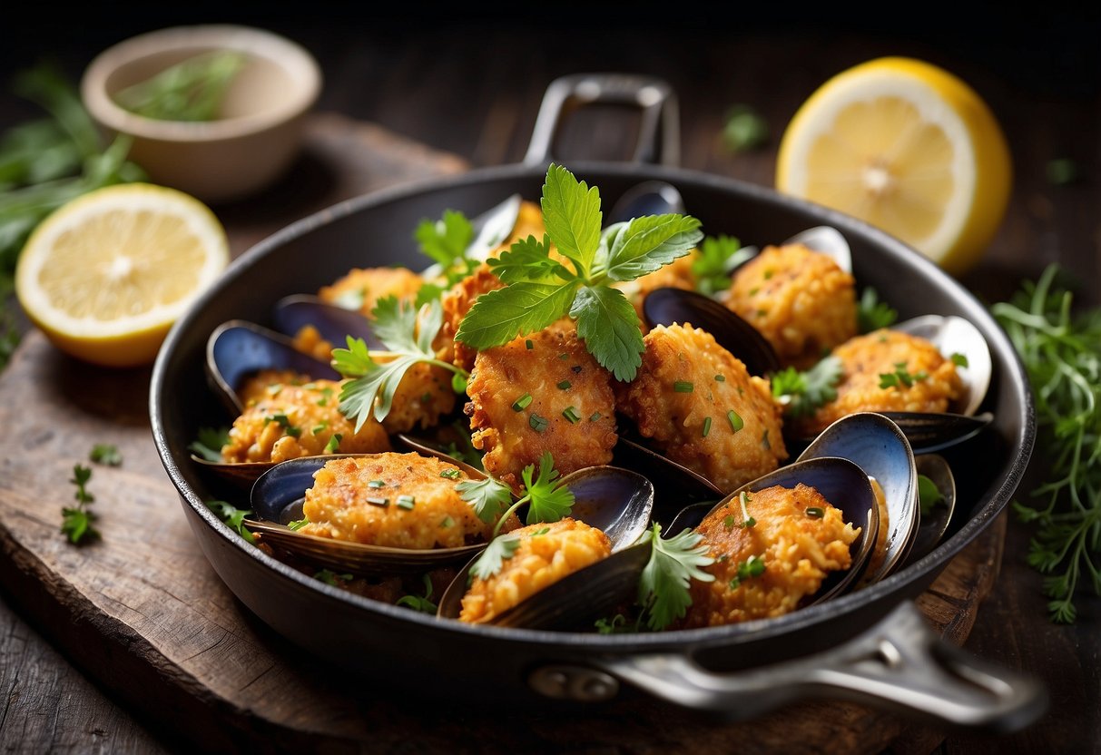 A sizzling pan of golden-brown mussel fritters with a crispy exterior and a soft, flavorful interior, surrounded by fresh herbs and lemon wedges