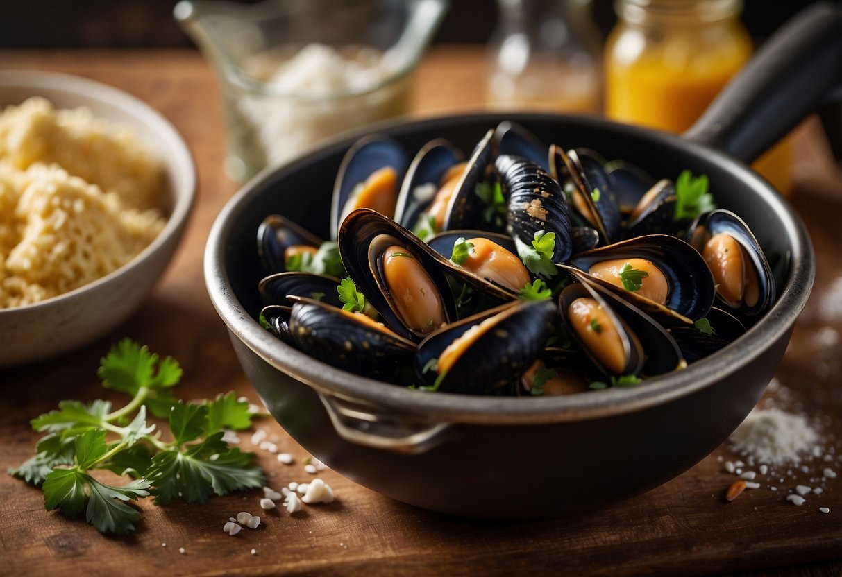 Mussels being cleaned, chopped, and mixed with batter in a bowl. Ingredients like flour, eggs, and seasoning laid out on the counter