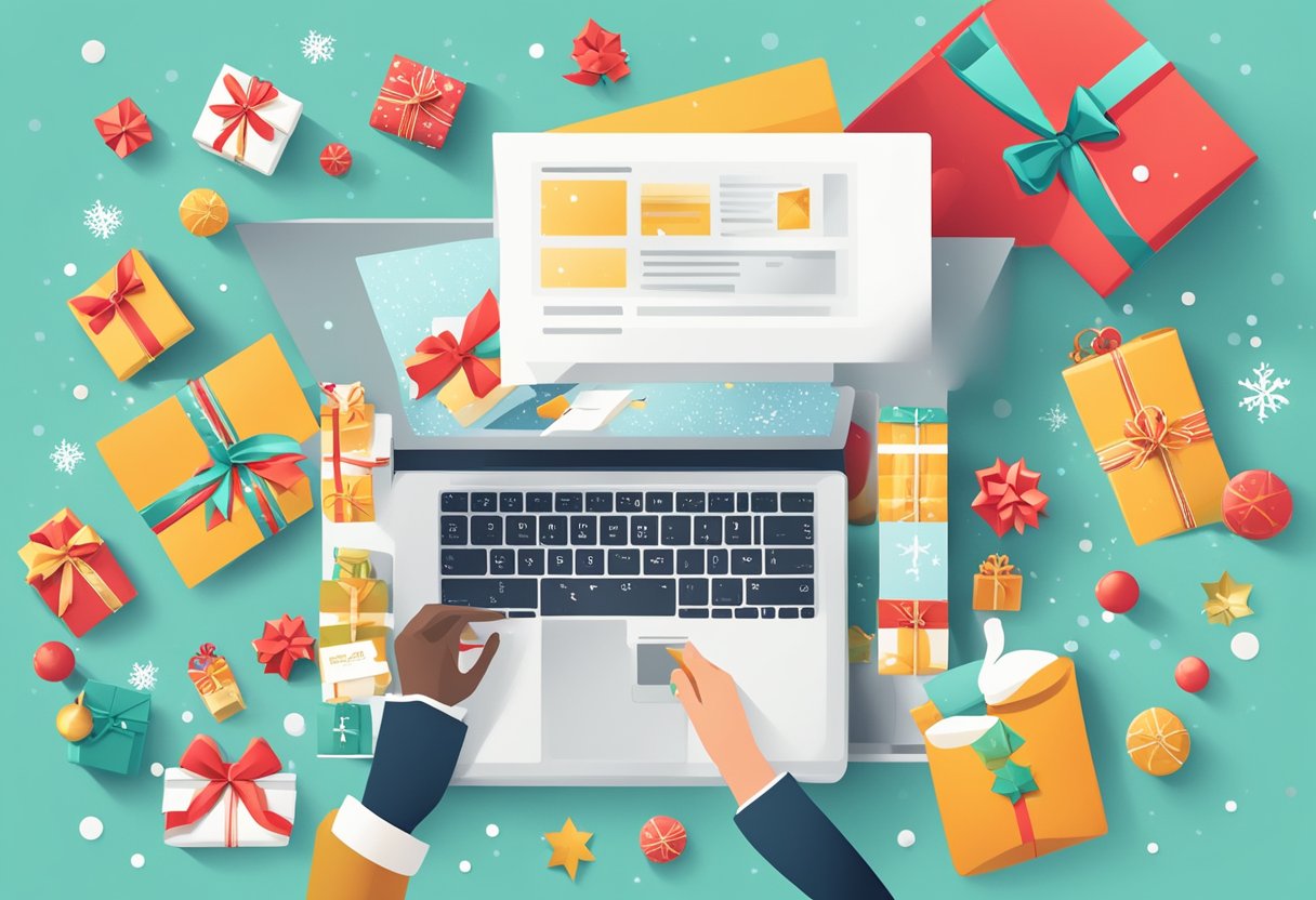 A festive email with a bold headline and a gift card image, surrounded by holiday-themed graphics and corporate branding