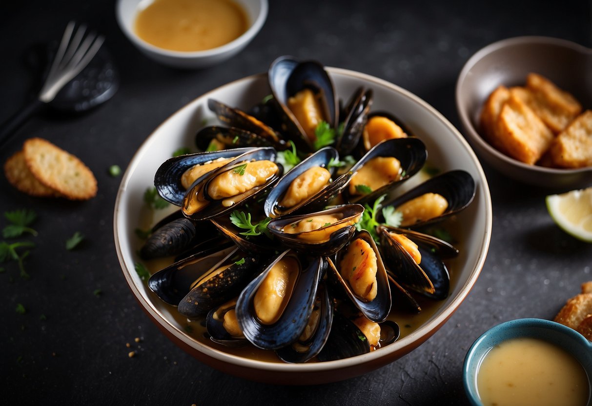 Mussels being mixed with batter, then fried in sizzling oil until golden brown