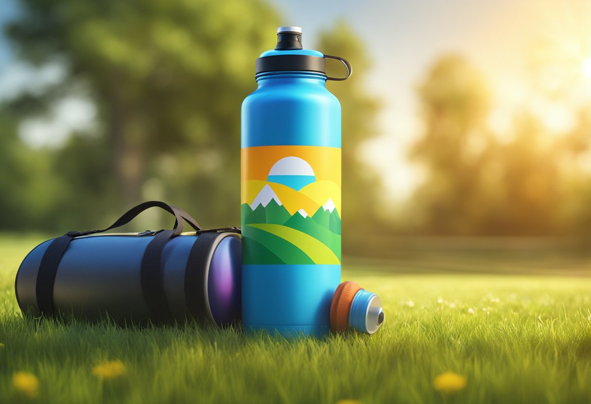 A customized sports bottle sits on a grassy field, surrounded by colorful equipment and a water bottle. The sun shines down, casting a warm glow on the scene