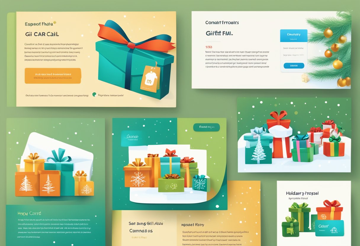 An email with "Holiday Gift Card Proposal" subject, showcasing company logo and festive imagery, with clear call-to-action and contact information