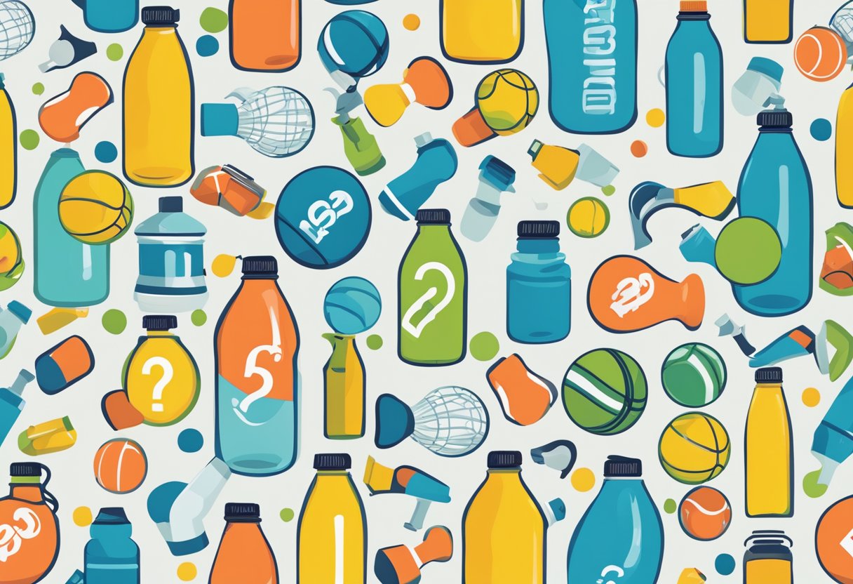 A customized sports bottle surrounded by question marks and a list of frequently asked questions