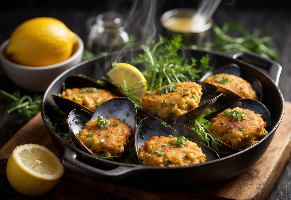 A sizzling skillet of golden-brown mussel fritters, steam rising, surrounded by fresh herbs and lemon wedges