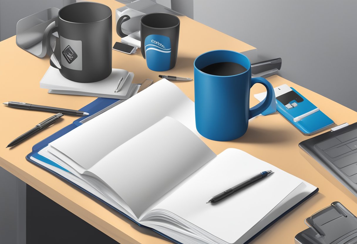 A table displays branded items: mugs, notebooks, and pens. A company logo is prominently featured on each item