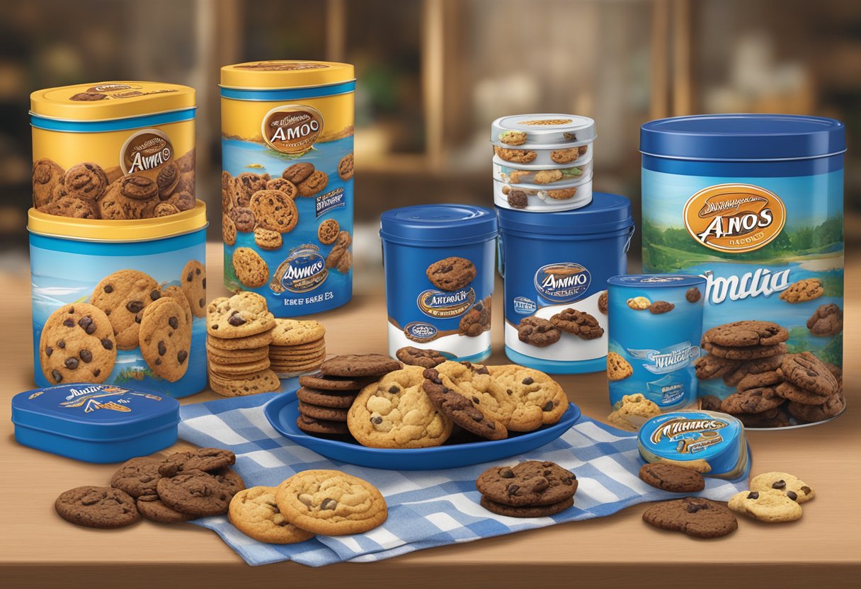 A table displays various Famous Amos branded corporate gifts, including tins of cookies, gift baskets, and branded merchandise