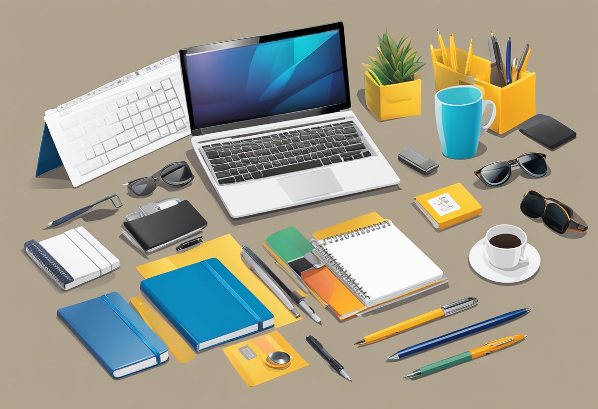 A table with various corporate gift items, such as branded pens, notebooks, and tech accessories, displayed neatly
