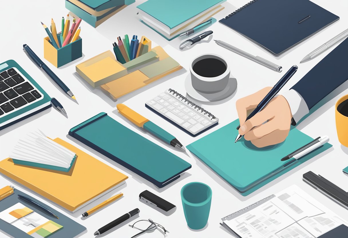 A hand reaches for a sleek pen on a desk, surrounded by various corporate gift options