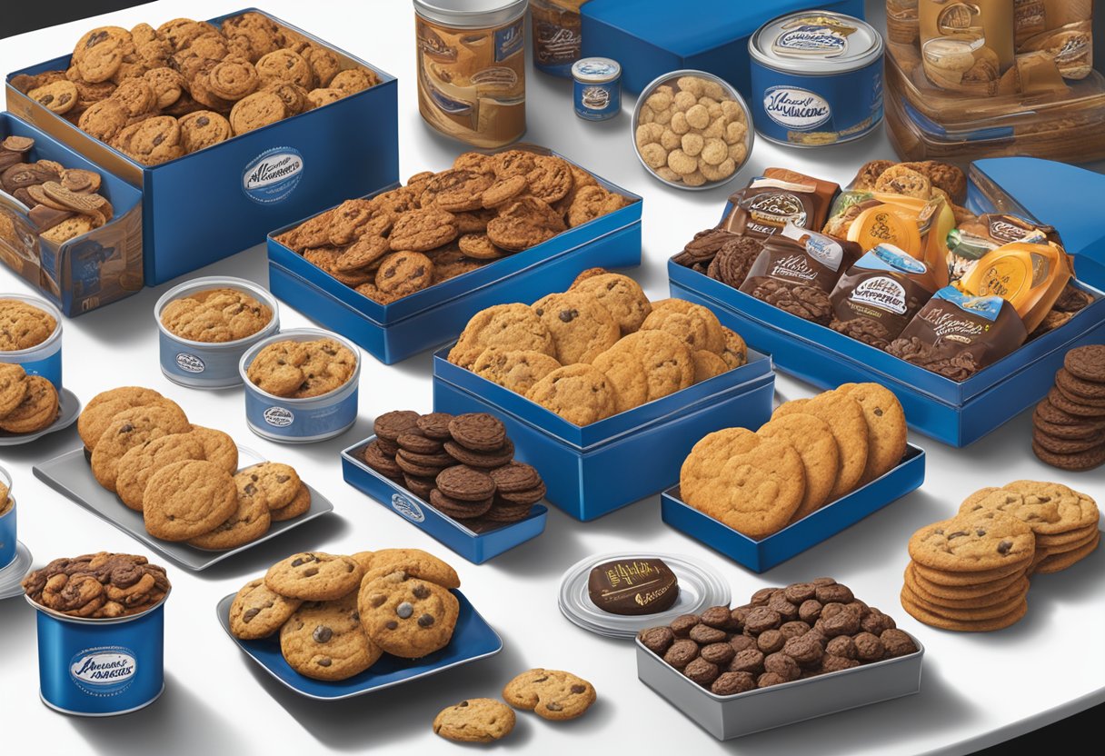 A table displays a variety of Famous Amos corporate gifts, including gift baskets, tins of cookies, and branded merchandise