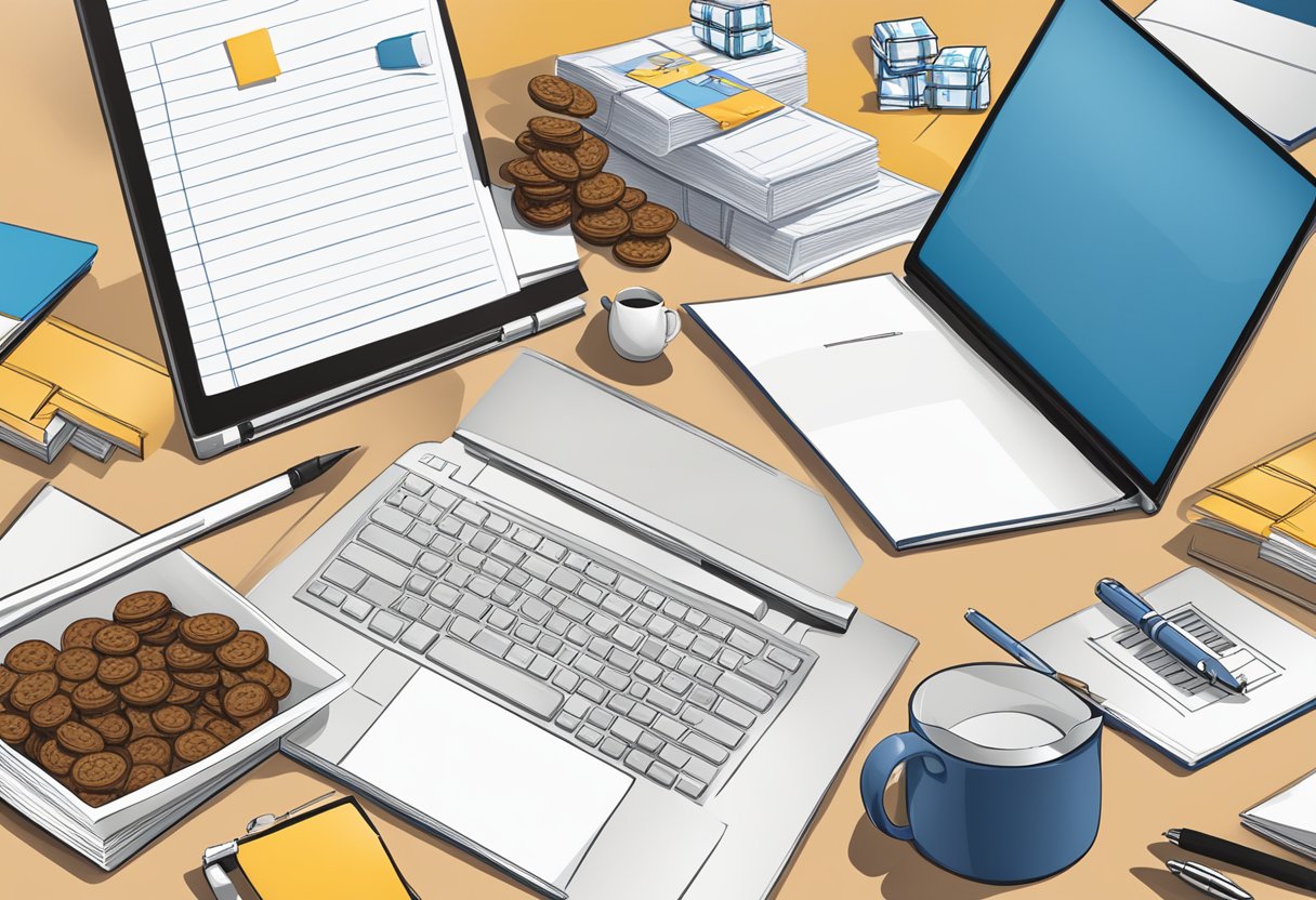 A corporate office desk with a stack of Famous Amos gift boxes, a laptop, and a pen on a notepad