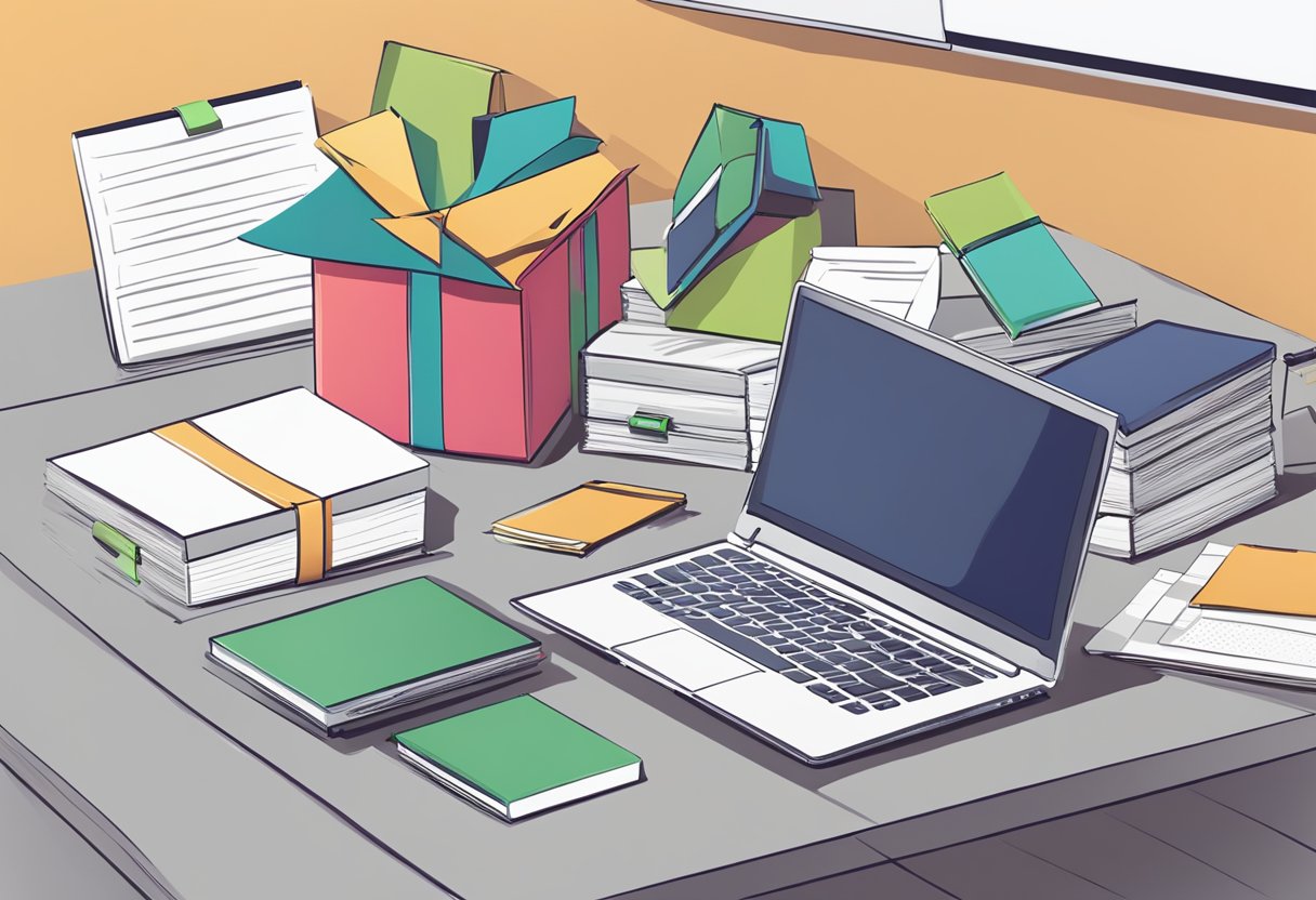 A desk with a laptop, pen, and notepad. A stack of gift boxes with the company logo. A sign with "Frequently Asked Questions" and "Corporate Gifts" displayed prominently