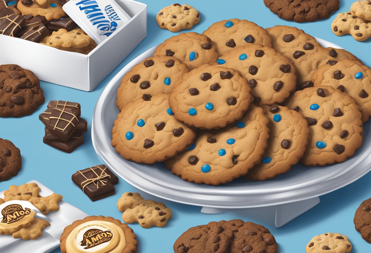 A table filled with Famous Amos branded corporate gifts, including logo-imprinted cookies, gift baskets, and custom packaging