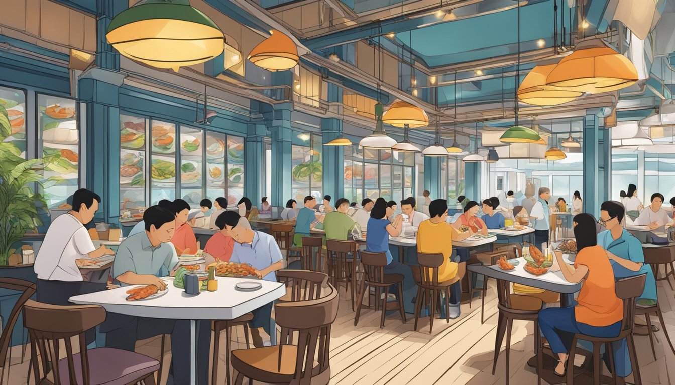A bustling seafood restaurant in Singapore, with colorful decor and a lively atmosphere. Tables are filled with diners enjoying fresh seafood dishes, while the open kitchen allows glimpses of chefs skillfully preparing meals